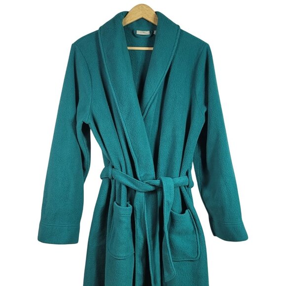 L.L. Bean Full Length Fleece Robe Green Large Belt Pockets Shawl Collar Winter - Picture 2 of 8